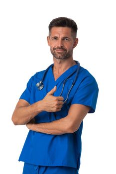 Male nurse in blue uniform with stethoscope standing with thumb up isolated on white background