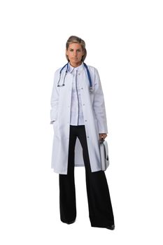 Female medical doctor with stethoscope standing isolated on white background, full length portrait