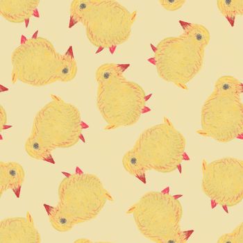 Cute Cartoon Hand Drawn Seamless Pattern With Little Yellow Chick. Funny Easter Watercolor Chicken on Yellow Background.