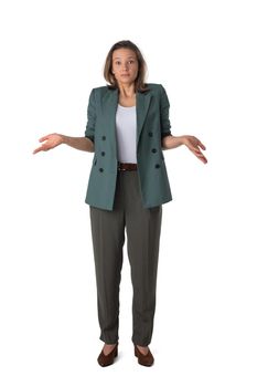 Portrait of confused clueless fruastrated business woman shrug hands isolated on white background