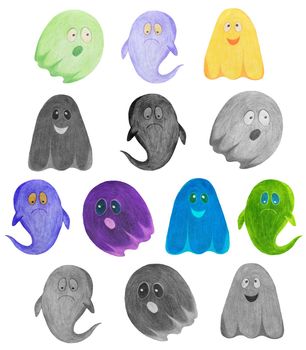 Set of Hand Drawn Halloween Ghosts Isolated on White Background. Halloween scary ghostly monsters. Cute cartoon spooky character, Drawn by Color Pencils.