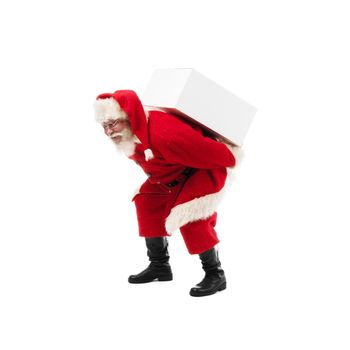 Santa Claus carrying large white gift boxe on his back isolated on white background