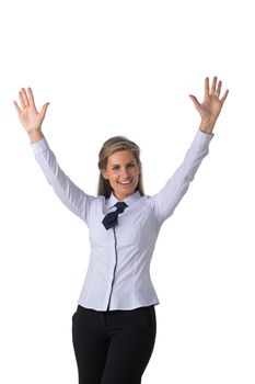 Young business woman winner with arms raised isolated on white background