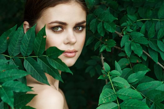 portrait of a woman Cosmetology nature green leaves glamor model. High quality photo