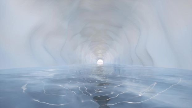 Ice cave on 3d style cold blue water Landscape 3d render