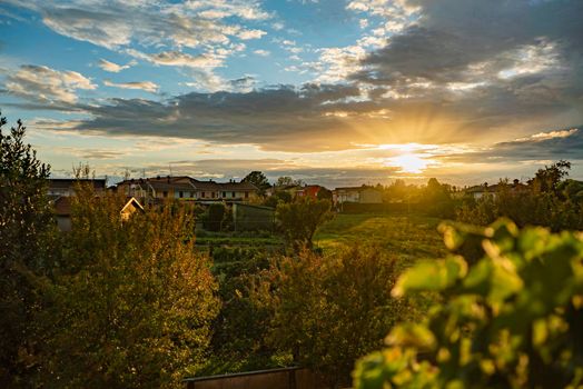 Panorama of countryside village sunset landscape in autumn