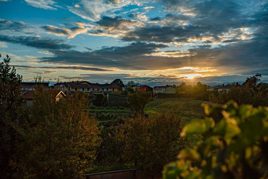 Panorama of countryside village sunset landscape in autumn