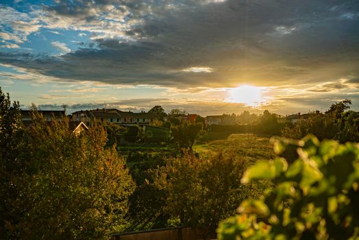 Panorama of countryside village sunset landscape in autumn