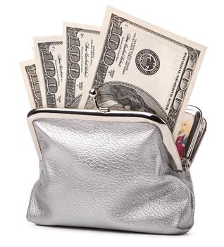 Silver leather purse and paper dollars isolated on white background