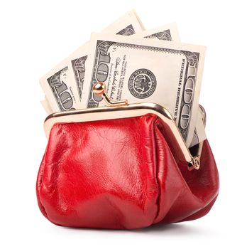 Red leather purse and paper dollars isolated on white background