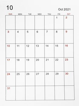 The October 2021 calendar vertical template.