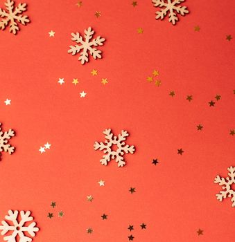 Christmas background and stars on a red background . Copy space Christmas. Red