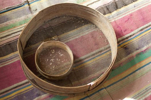 Old sieves from history museum, tool for bakery from the past for flour sifting.