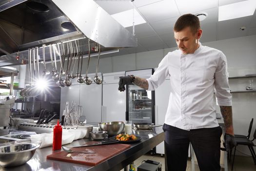 Professional chef cooking in the kitchen in hotel restaurant, preparing salad with shrimps