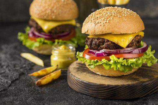close up beef burgers cutting board with sauce. Resolution and high quality beautiful photo
