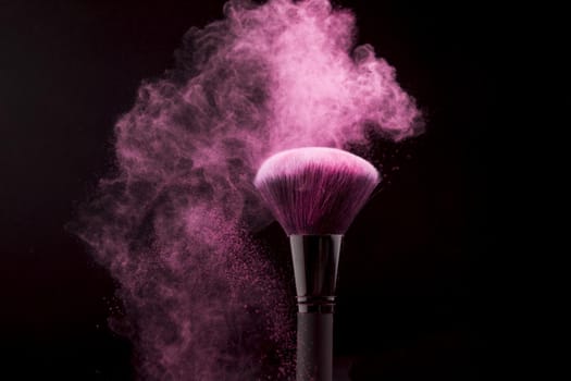 cosmetic brush cloud pink powder dark background. Resolution and high quality beautiful photo