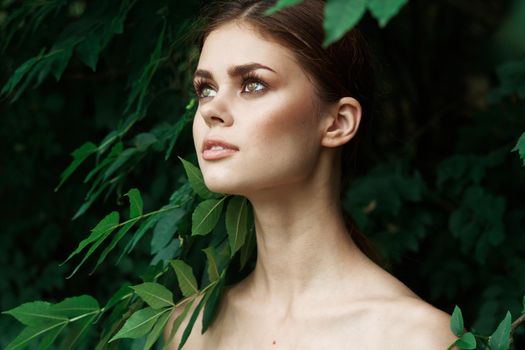 beautiful woman Cosmetology nature green leaves glamor model. High quality photo