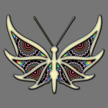 3D illustration of colorful ornament butterfly with wings filled with abstract fractal