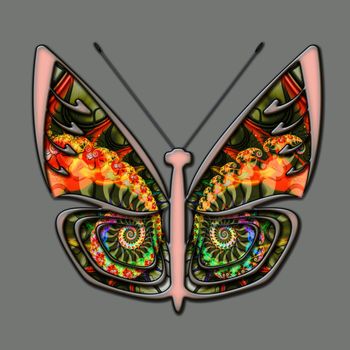 3D illustration of colorful ornament butterfly with wings filled with abstract fractal