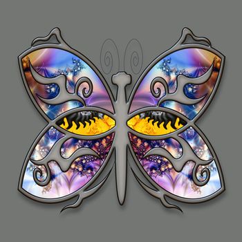 3D illustration of colorful ornament butterfly with wings filled with abstract fractal