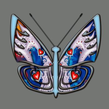 3D illustration of colorful ornament butterfly with wings filled with abstract fractal