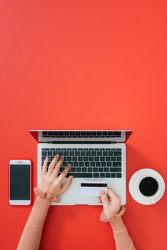 Internet banking. Closeup hand of girl typing credit card details on laptop to complete payment process