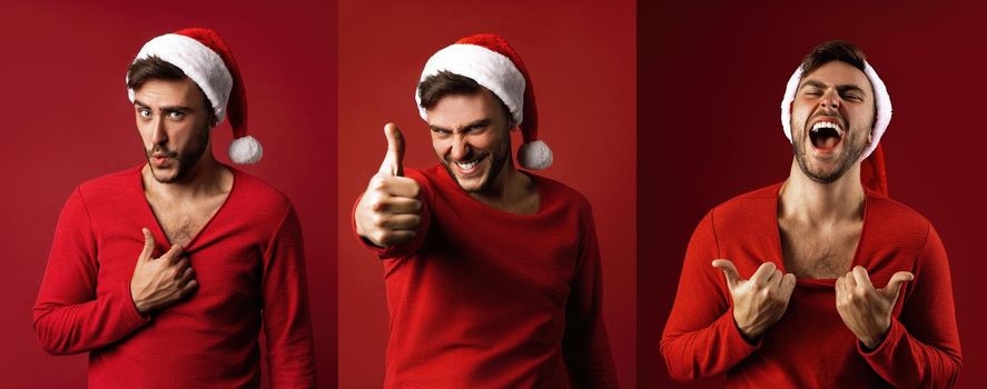 Man red sweater Santa hats stands on red background in studio pulls the sweater Shows how hot he is. Close up portrait european guy with Christmas mood. Holiday theme. New Year. Handspme caucasian guy