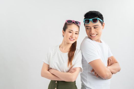 young couple in white T-shirts, emotions, free place