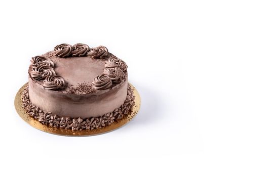 Piece of chocolate truffle cake isolated on white background