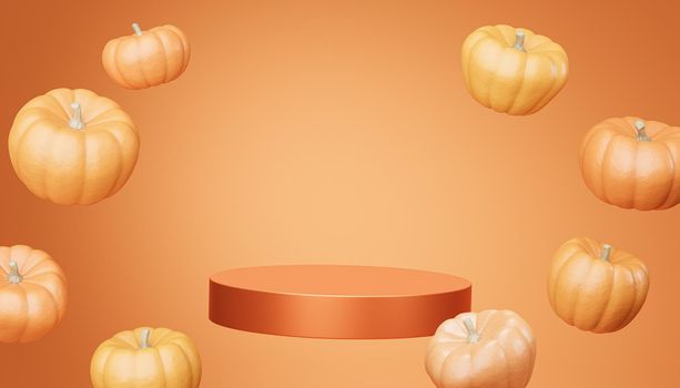 Podium or pedestal with flying pumpkins for products display or advertising for autumn holidays on orange background, 3d render