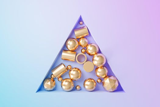 Abstract golden geometric objects on gradient background, minimal 3d render