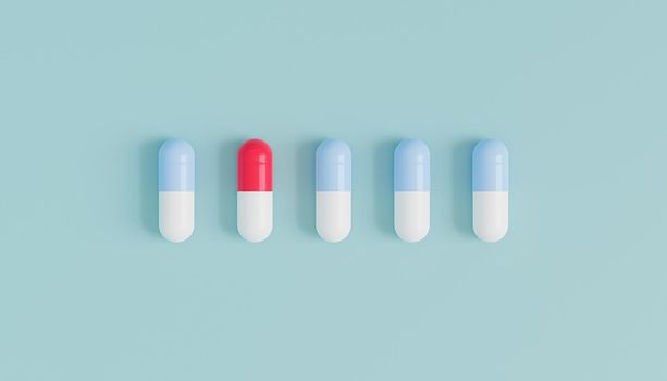 Capsule pills in row on blue background, healthcare medical concept, antibiotics and cure, 3d render