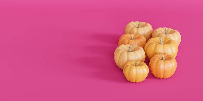 Pumpkins with copy space, purple background for autumn holidays or sales, 3d render