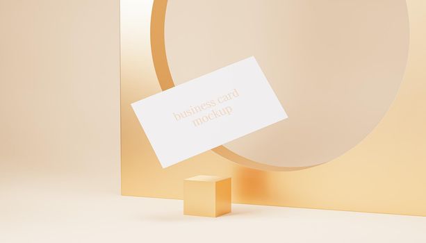 White blank business card mockup on beige background, 3d render template