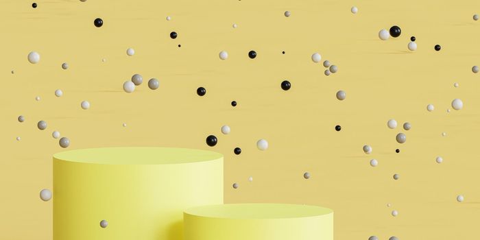 Podiums or pedestals for products display or advertising with shiny spheres on yellow background, 3d minimal render