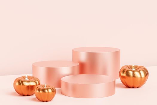 Podiums or pedestals with golden pumpkins for products display or advertising for autumn holidays on pink background, 3d render