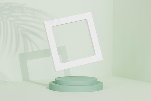 Empty frame near to podium or pedestal for products or advertising on pastel green background with tropical leaf shadow, minimal 3d render