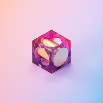 Abstract futuristic glass cube with golden cylinder on gradient background, minimal 3d render