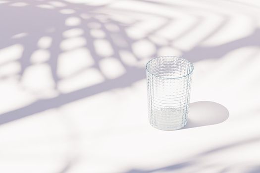 Vintage empty glass on white background with tropical leaf shadows, 3d render