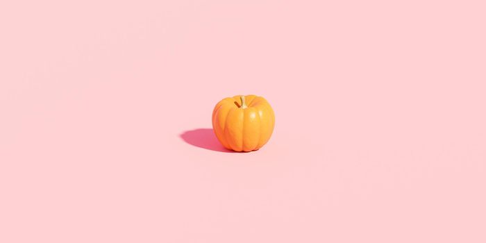 Pumpkin on pink background for advertising on autumn holidays or sales, 3d banner render