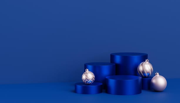 Christmas or New Year holidays background, blue podiums or pedestals for products or advertising with baubles, 3d render