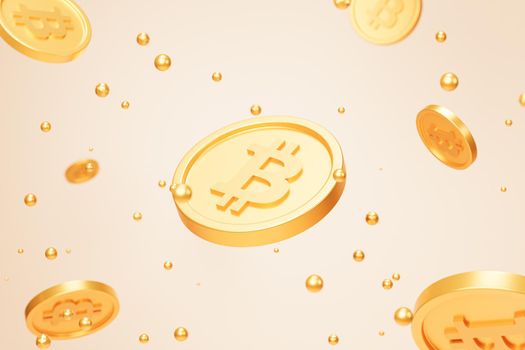 Bitcoin crypto currency gold coins, e-commerce investment concept, 3d render on beige background