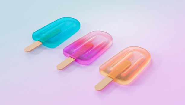 Frozen fruit popsicles on gradient background, 3d minimal render