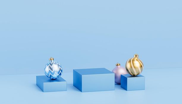 Christmas or New Year holidays blue podiums or pedestals for products or advertising background with baubles, 3d render