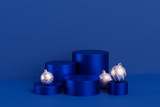 Christmas or New Year holidays background, blue podiums or pedestals for products or advertising with baubles, 3d render