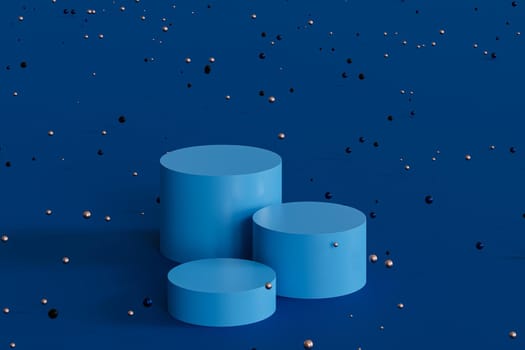 Podiums or pedestals for products display or advertising with shiny spheres on blue background, 3d minimal render