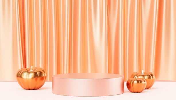 Podium or pedestal with golden pumpkins for products display or advertising for autumn holidays, 3d render