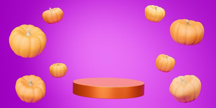 Podium or pedestal with flying pumpkins for products display or advertising for autumn holidays on purple background, 3d render