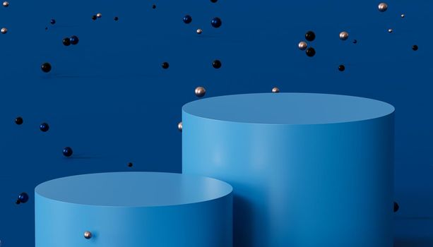 Podiums or pedestals for products display or advertising with shiny spheres on blue background, 3d minimal render