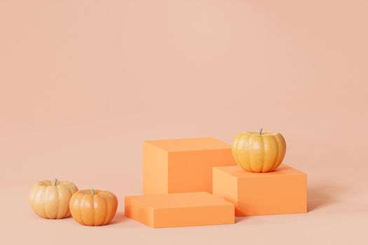 Podiums or pedestals with pumpkins for products display or advertising for autumn holidays, 3d render